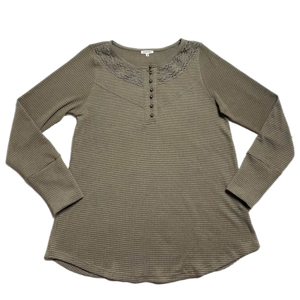 JODIFL Waffle Army Olive Green Henley Top L